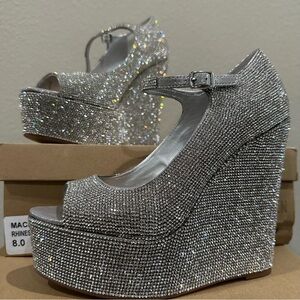 Silver Rhinestone Platform Wedge Heels